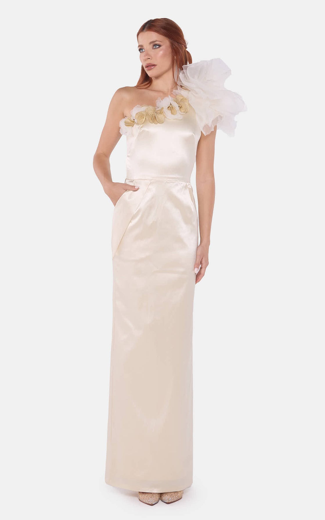 Ivory Satin Gown With Embellished Shoulder