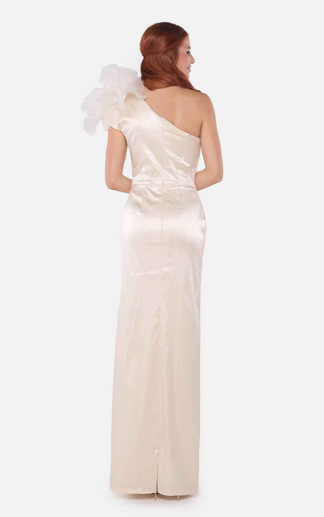 Ivory Satin Gown With Embellished Shoulder
