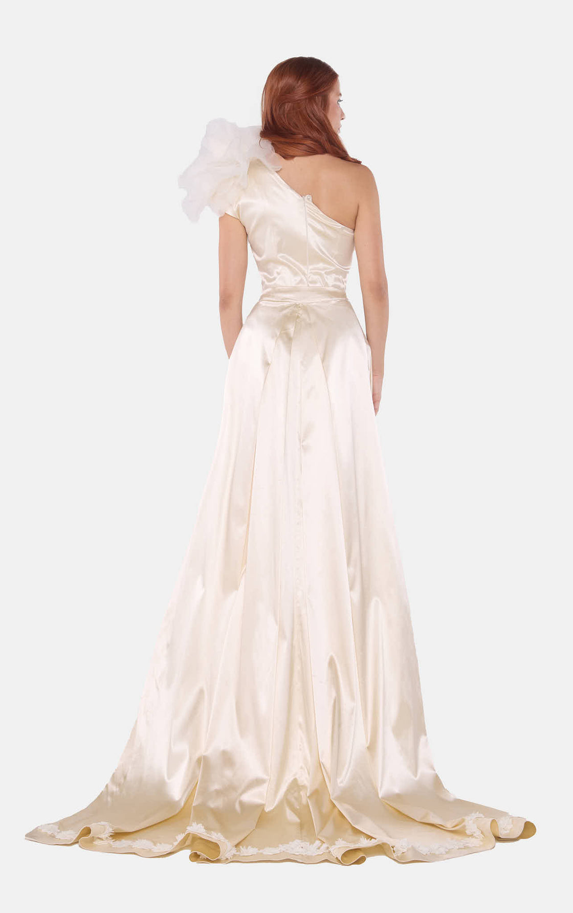 Ivory Satin Gown With Embellished Shoulder