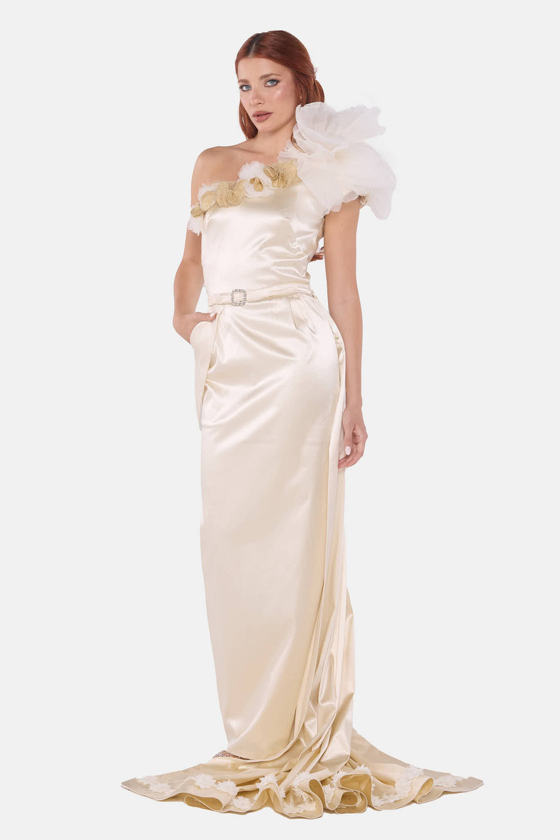 Ivory Satin Gown With Embellished Shoulder